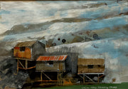 Brown sheds nestled into  the grey quarry in ink and acrylic by artist Steven Buckler