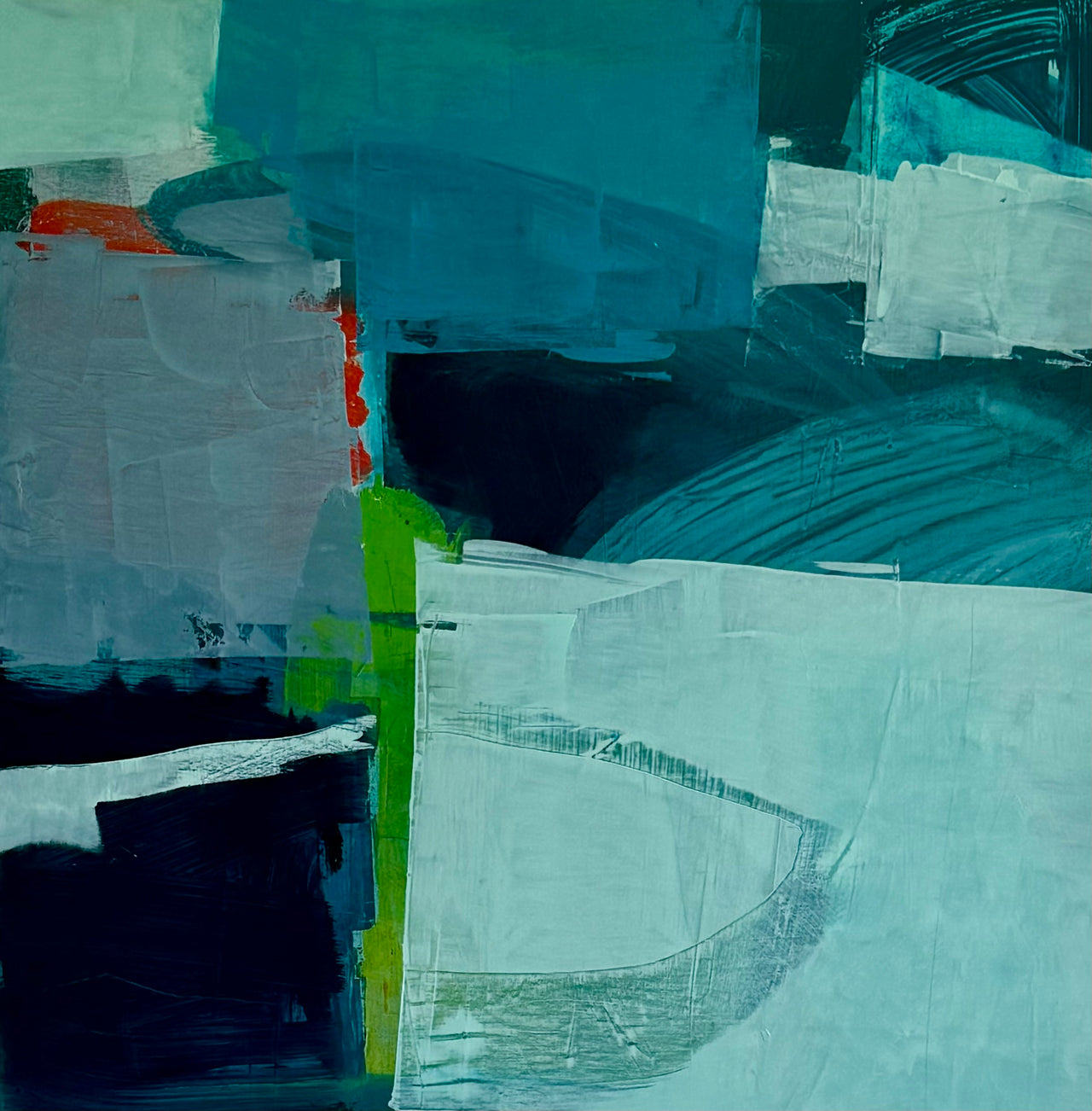 Vibrant painting in tones of blue, red, green and white by artist Katherine Palmers-Needham