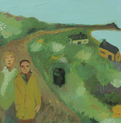Two people walking along a path with green landscape to either side of them with two houses and sea and peninsula in the distance by Cornish artist Siobhan Purdy