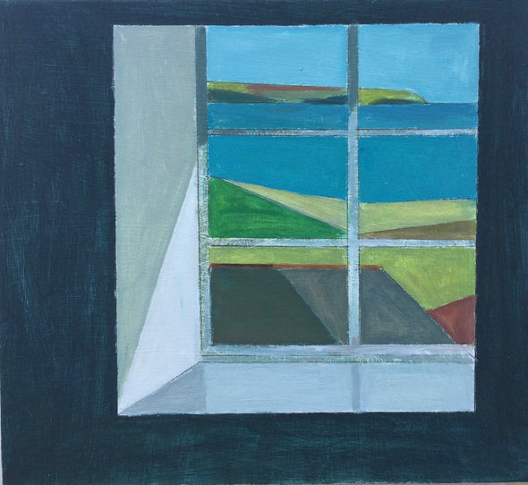 Dark wall with recessed window looking out to sea and coastal view by UK artist Philip Lyons
