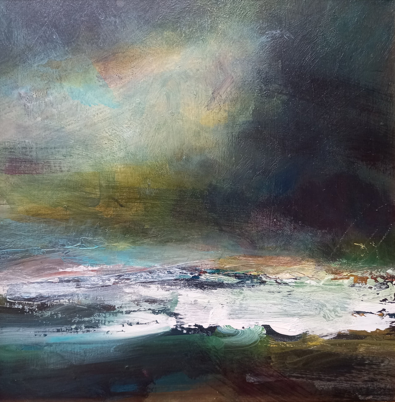 Abstract seascape with tones of grey, blue, green, yellow, pink and white by artist Claire Howlett