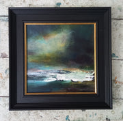 Abstract seascape with tones of grey, blue, green, yellow, pink and white by artist Claire Howlett.