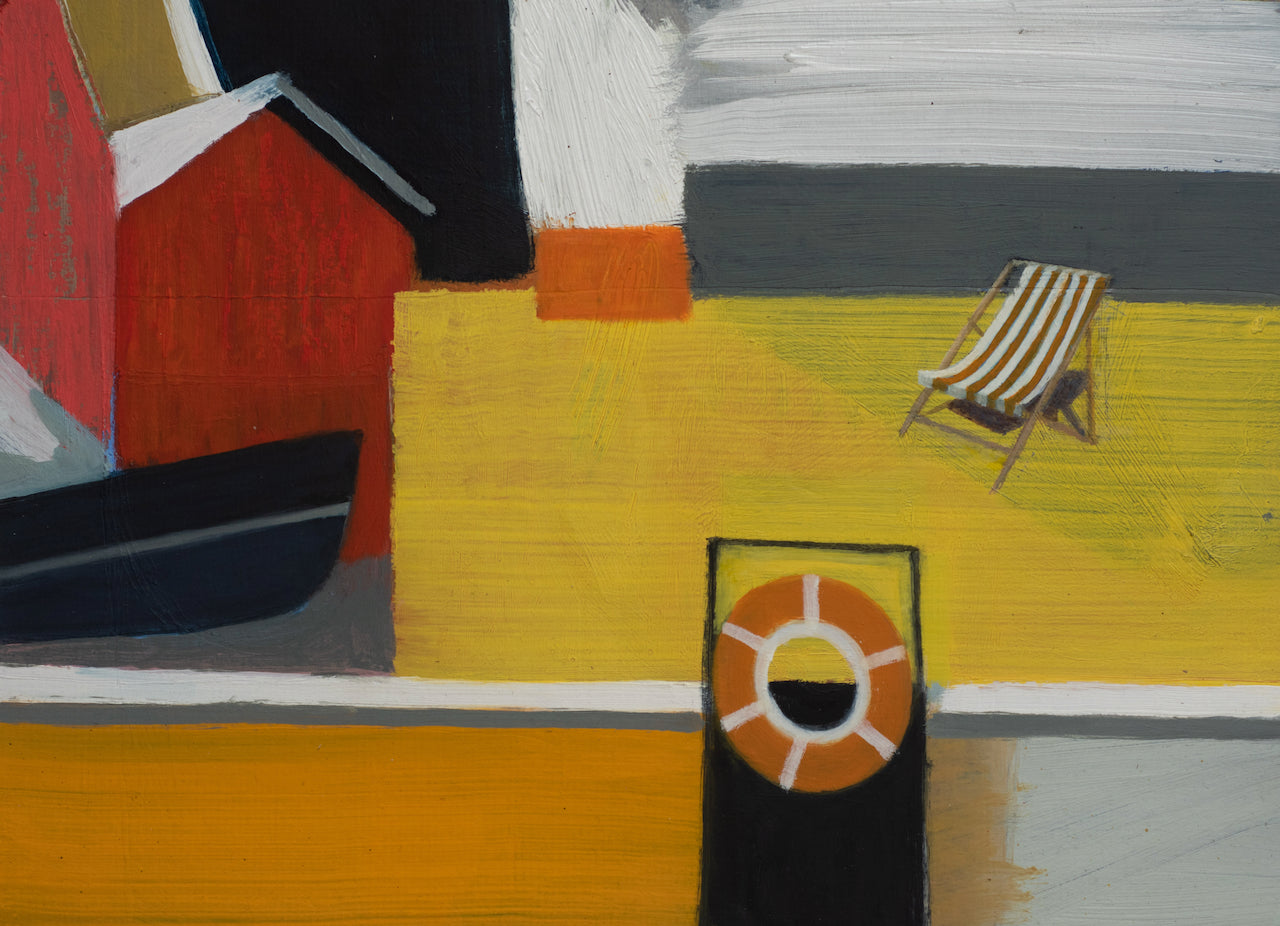 painting by Heath Hearn of a stripy deckchair on a yellow painted boat with an orange rubber ring in the foreground
