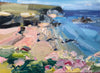 Peninsula seascape, blue ocean with pink, cream, green landscape by artist Jill Hudson