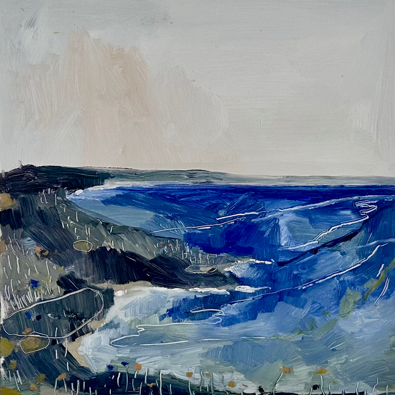 Seascape painting of Rame peninsula in tones of blue, whites and greys by Aimee Wilcock