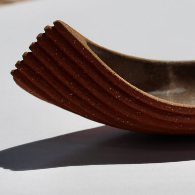 Artist Michele Bianco, hand carved, tinted terracotta stoneware vessel with line detail 