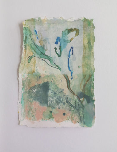 abstract watercolour work by Tara Leaver in greens, pinks and blues  on paper with ripped edges
