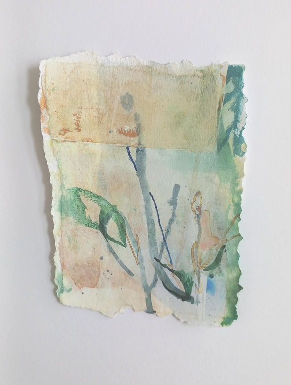 semi abstract Tara Leaver painting of blue and pale green leaves on card with ripped edges