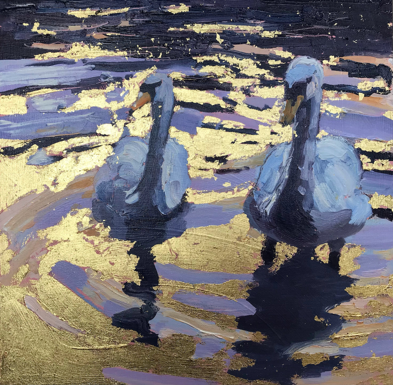 Square painting by artist Jill Hudson with gold water reflection and two swans swimming