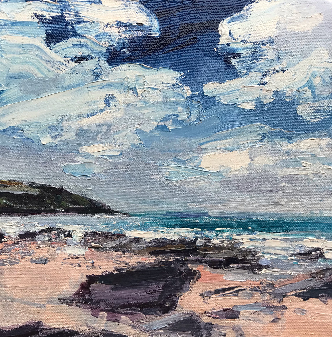 Jill Hudson oil painting of a beach on the Rame peninsula in south east Cornwall, a blue sky with thick white clouds is over a green sea and pink toned sand with grey rocks