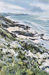 painting of cliffs falling away from coastline with sandy beach and blue sea to left, Rame Head peninsula in the background by Cornish artist Imogen Bone