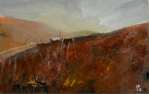 Landscape in browns and ochre in foreground with farmhouse on hill in distance with overhead power lines by artist Steven Buckler
