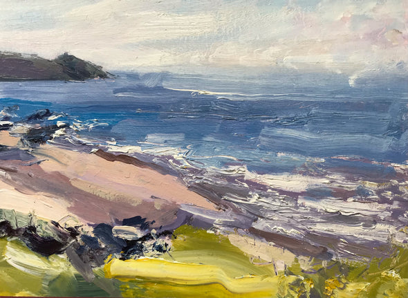 Artist Jill Hudson Seascape with blue ocean tones, pink, yellow and black headland