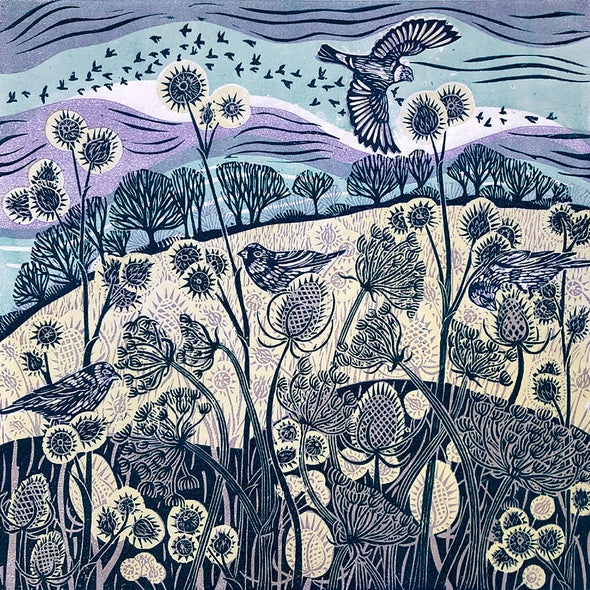Artist Claire Armitage, lino print of blue foliage, birds and trees