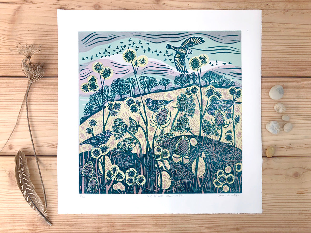 Cornish artist Claire Armitage, lino print of blue foliage, birds and trees.