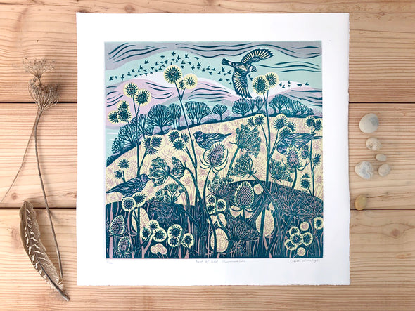Cornish artist Claire Armitage, lino print of blue foliage, birds and trees.