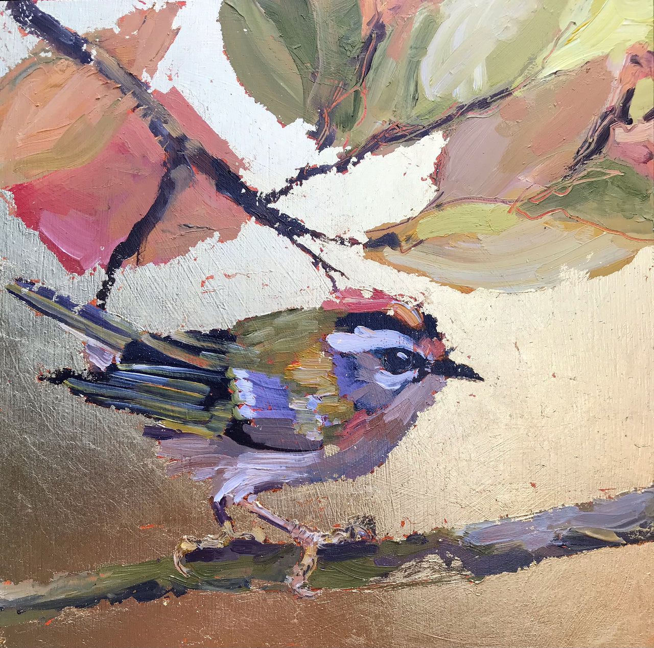 painting by artist Jill Hudson, gold square background with firecrest on branch and brown & green leaves.