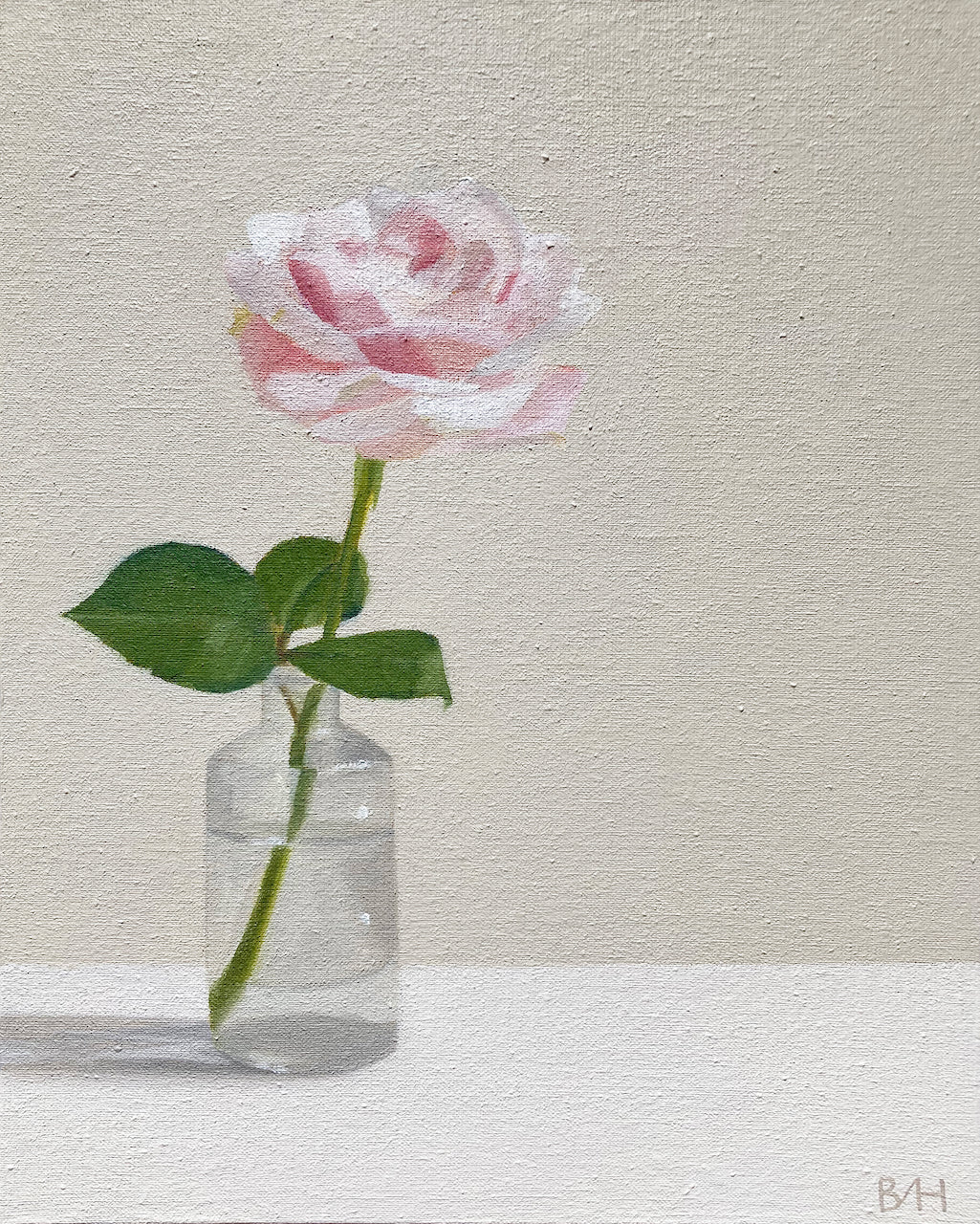 Neutral background with painting of white/pink single stem rose in a vase by artist Bess Harding.