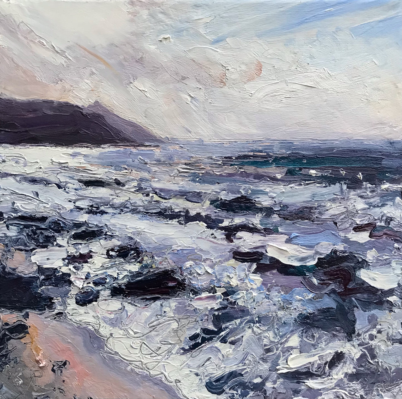 Rame Head in south east Cornwall painted from the beach by Jill Hudson, the sea is rough with white waves on greys and purples and the headland is dark against a cloudy sky