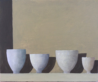 UK artist Philip Lyons painting of four white bowls with shadow against a taupe wall