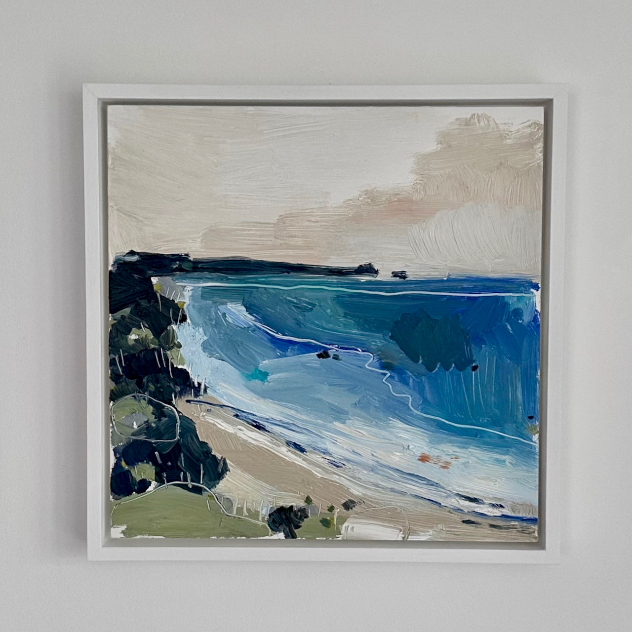 View of Freathy peninsula in tones of blue, green, grey and white by artist Aimee Wilcock