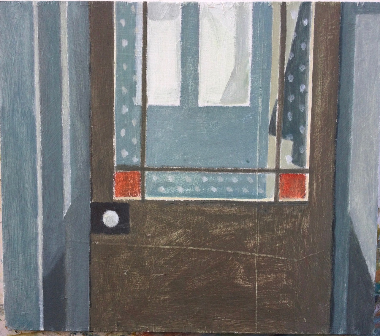 Painting of inside of a glass panelled front door in shades of brown and blue by artist Philip Lyons