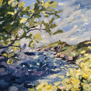 Rame Head view, with yellow and green flora in foreground by artist Jill Hudson