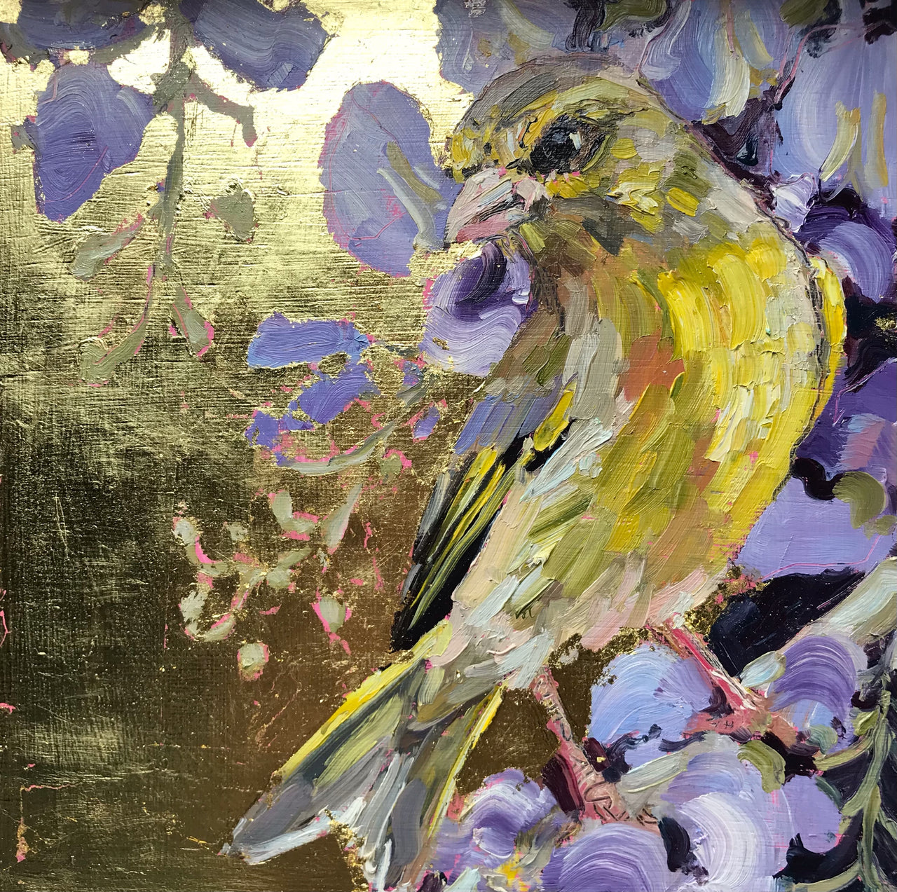 Jill Hudson painting of a yellow and green bird in a purple flowering wisteria tree  against a gold backdrop