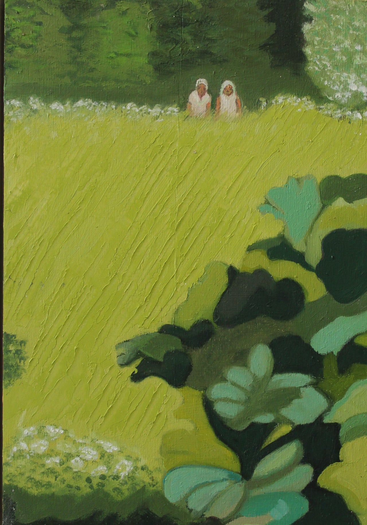 Green Gunnera in the foreground with two people onlooking in the background in front of trees by Cornish artist Siobhan Purdy