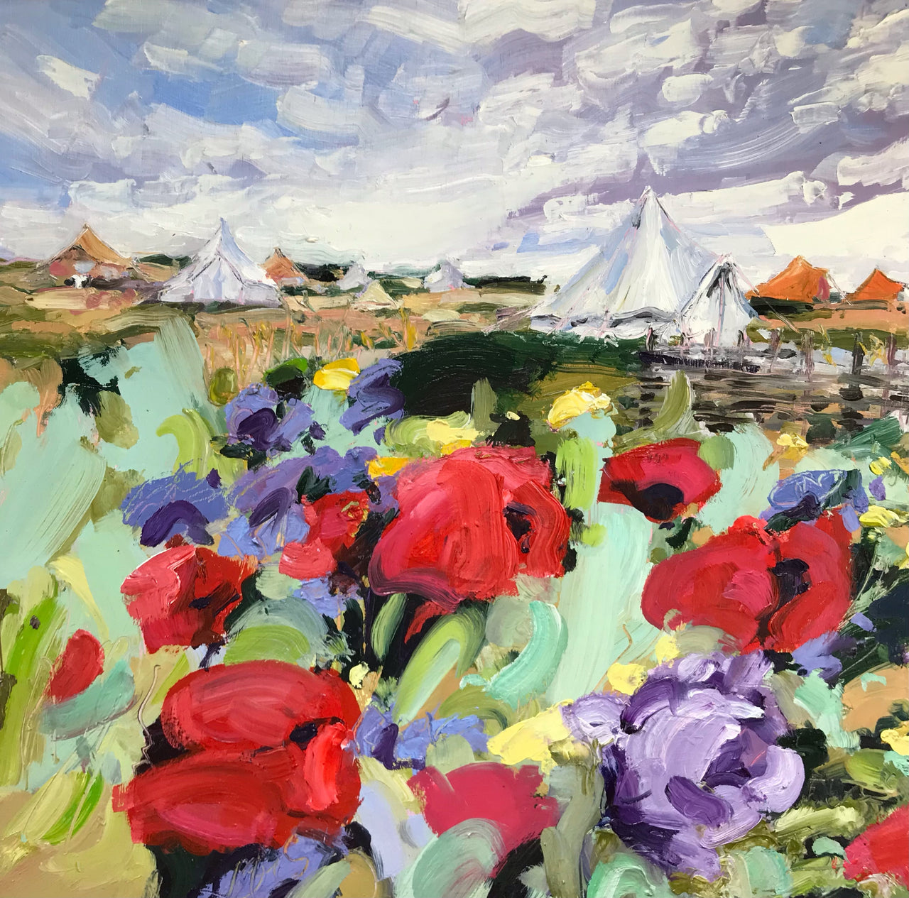 Vibrant painting by artist Jill Hudson with red and violet flowers in foreground and bell tents in background.