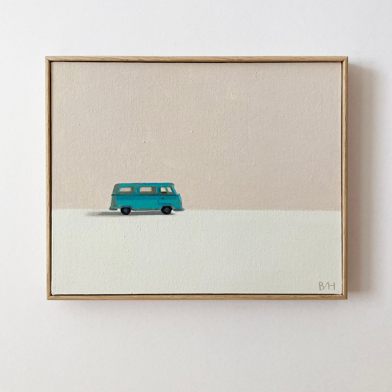 Neutral toned background painting with single turquoise camper van driving from left to right by artist Bess Harding