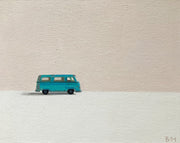 Neutral toned background painting with single turquoise camper van driving from left to right by artist Bess Harding.