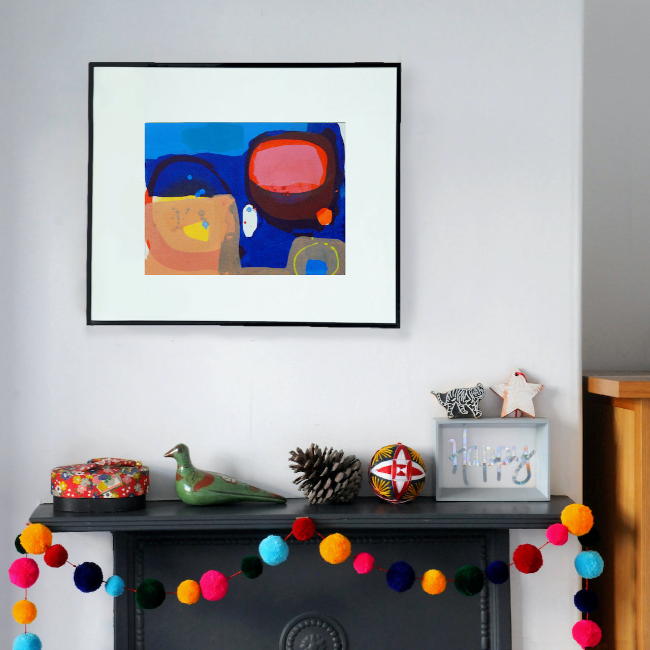 Abstract painting by artist Ella Carty with vibrant blues, pinks, reds, peach and yellow.