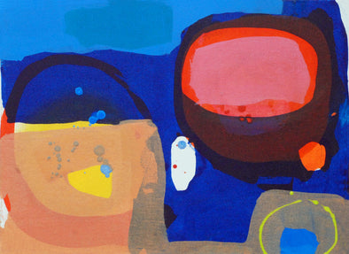 Abstract painting by artist Ella Carty with vibrant blues, pinks, reds, peach and yellow
