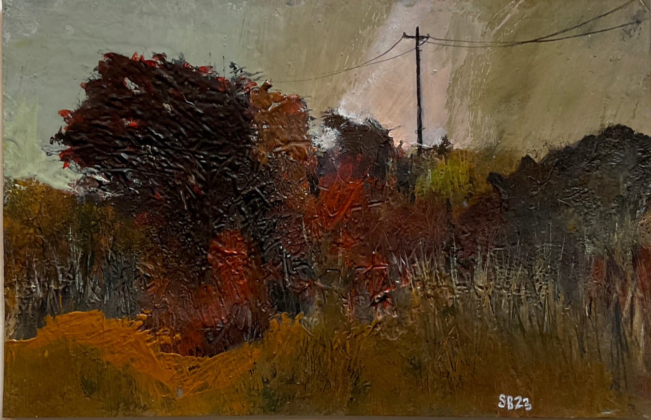 Artist Steven Buckler, landscape in tones of ochre with power line in background
