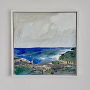 Coastline painting with sky and sea in background and headland in the foreground by artist Aimee Willcock.