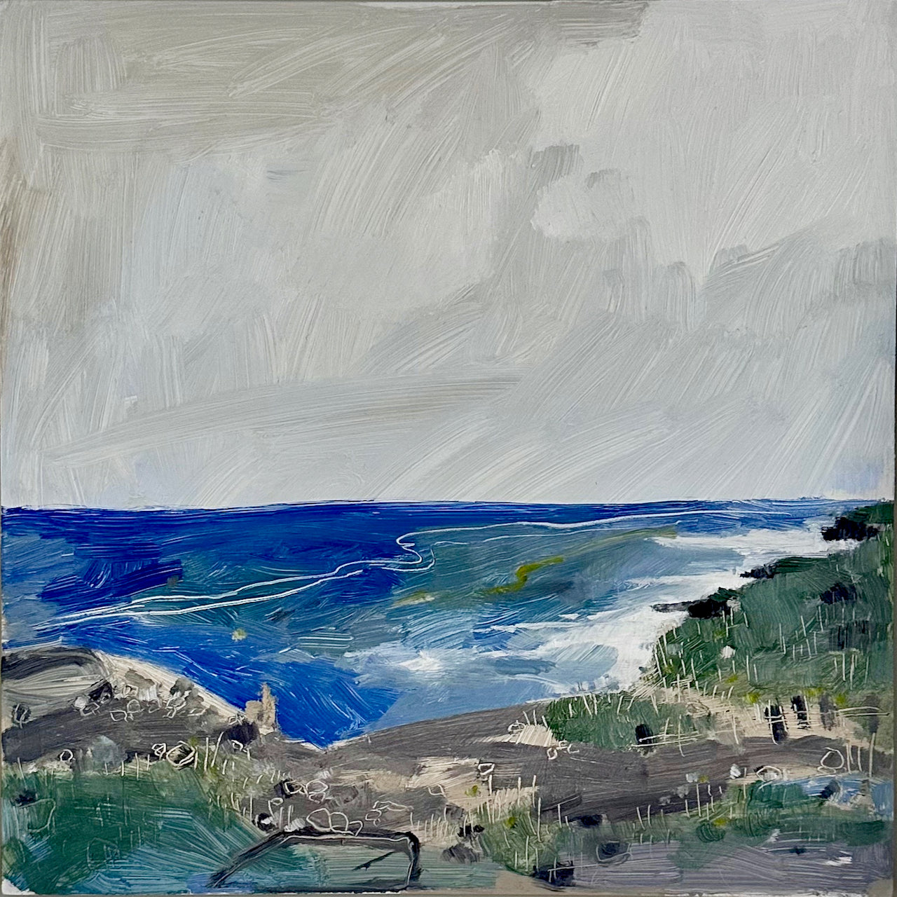 Coastline painting with sky and sea in background and headland in the foreground by artist Aimee Willcock