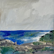 Coastline painting with sky and sea in background and headland in the foreground by artist Aimee Willcock