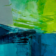 Abstract, vibrant painting in tones of blue and green by artist Katherine Palmers-Needham