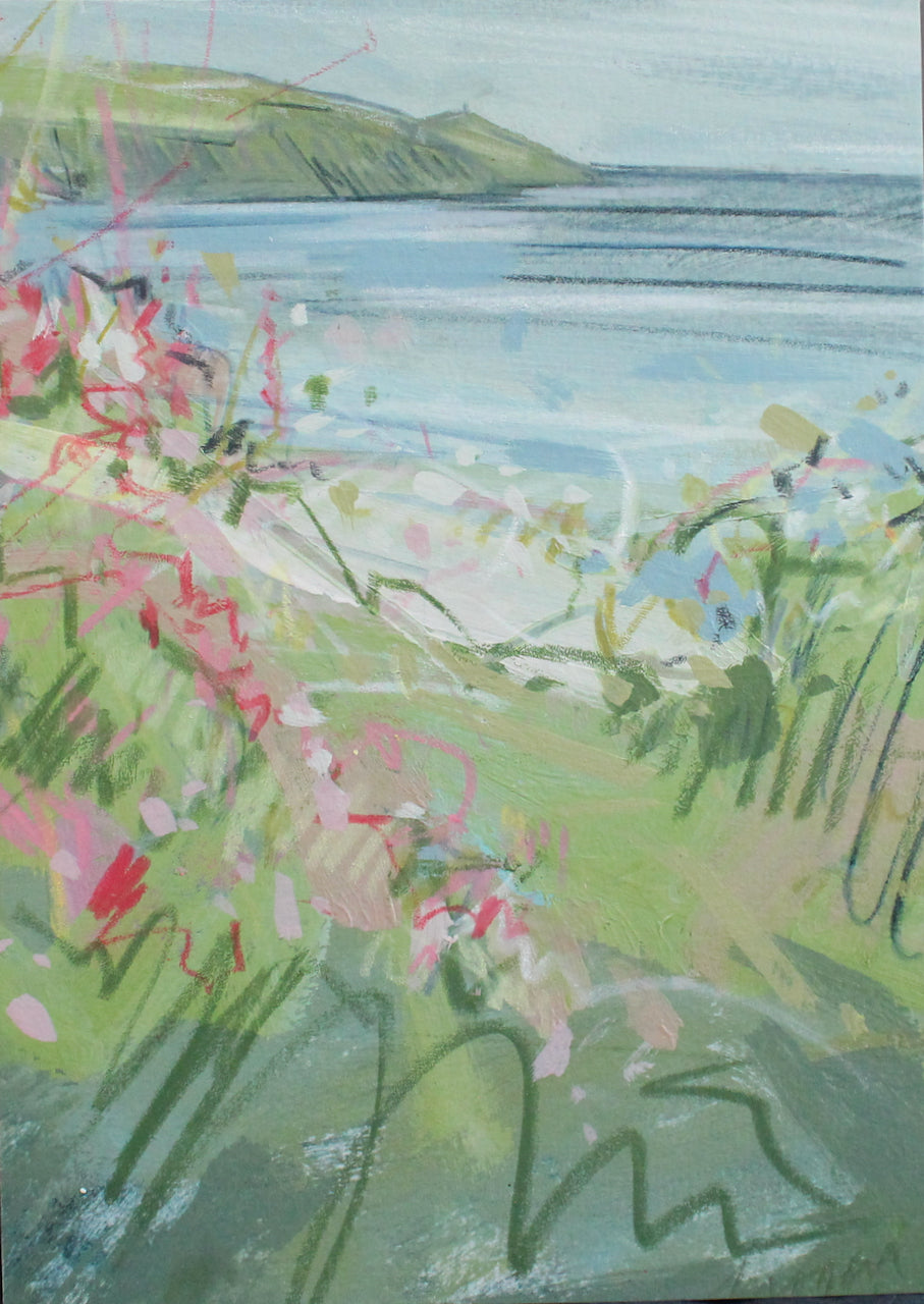 Imogen Bone small painting, the sea is blue with hints of white,  the peninsula and the hedgerow is green with pink flowers 