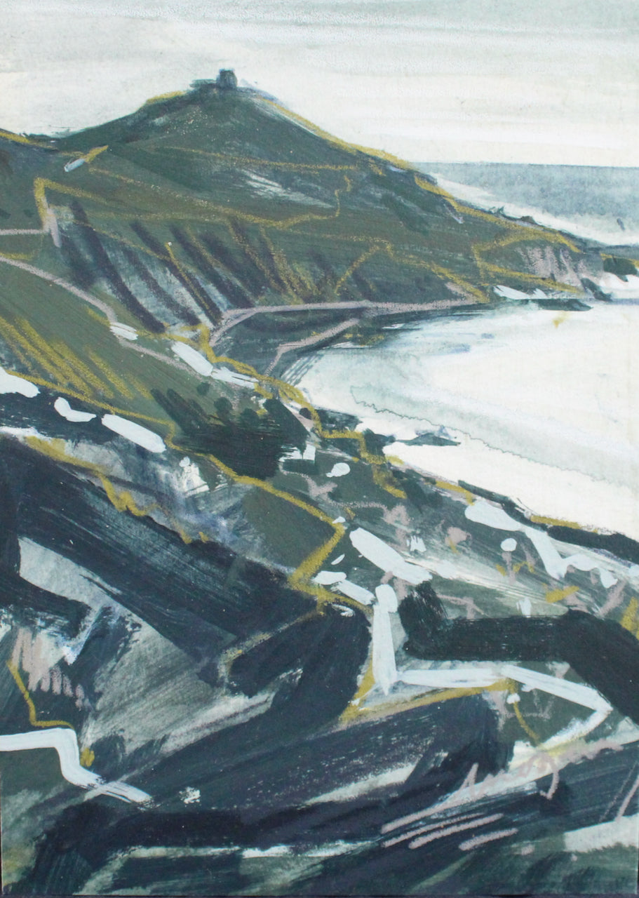 Imogen Bone small painting of Rame Head in Cornwall , the sea is white, the peninsula greys and ochre