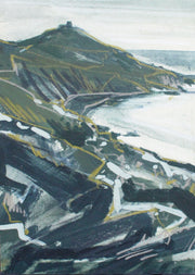 Imogen Bone small painting of Rame Head in Cornwall , the sea is white, the peninsula greys and ochre