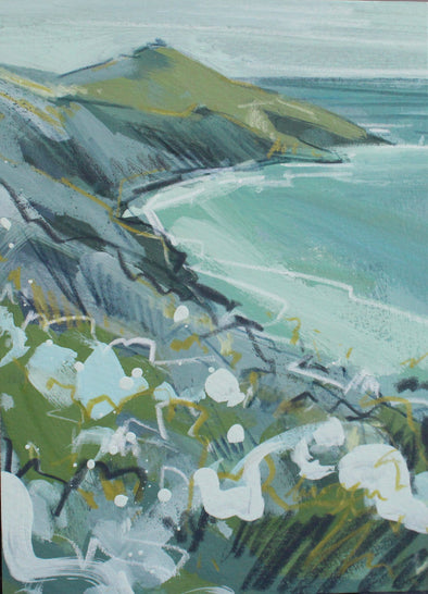 Imogen Bone small painting, the sea is green with hints of white, the peninsula greys, ochre and white flowers