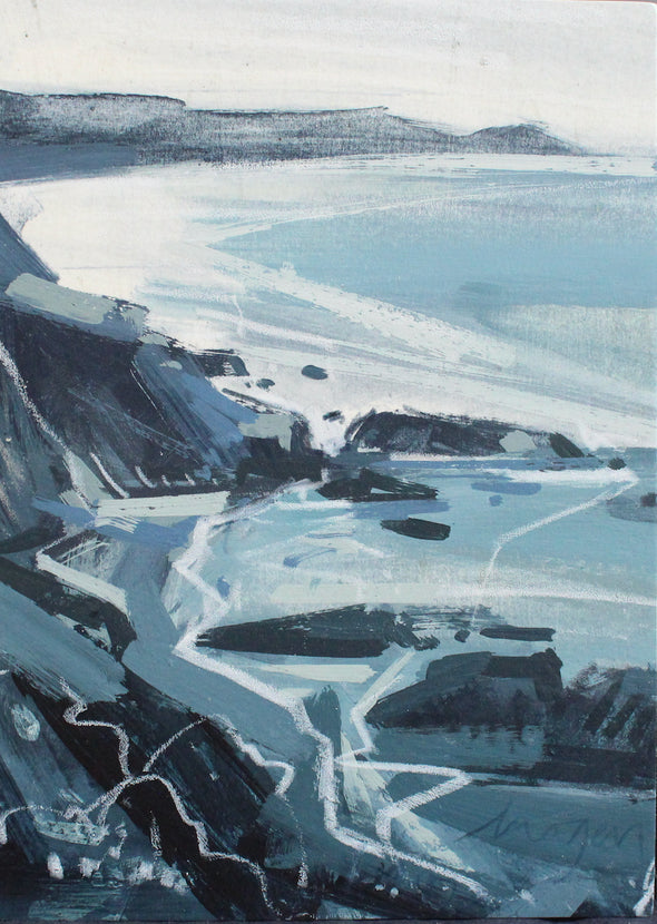 Imogen Bone small painting, the sea is shades of blue and white, the peninsula blue and grey