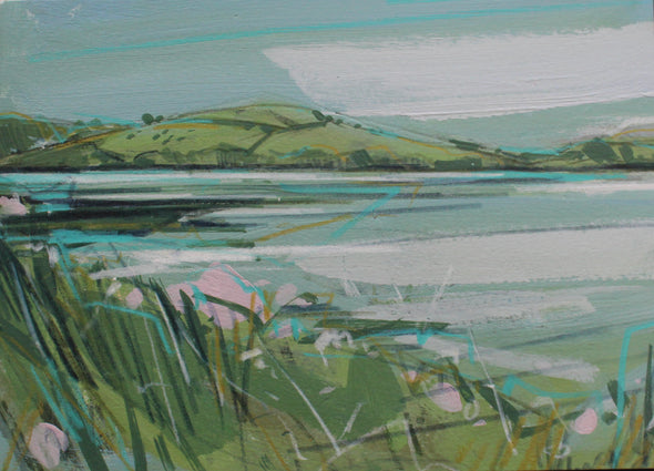 Imogen Bone small landscape of river Lynher in Cornwall with green hills, pale blue river and pink flowers on the riverbank