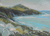 Imogen Bone small landscape of grey, ochre & blue headland and ocean to the right