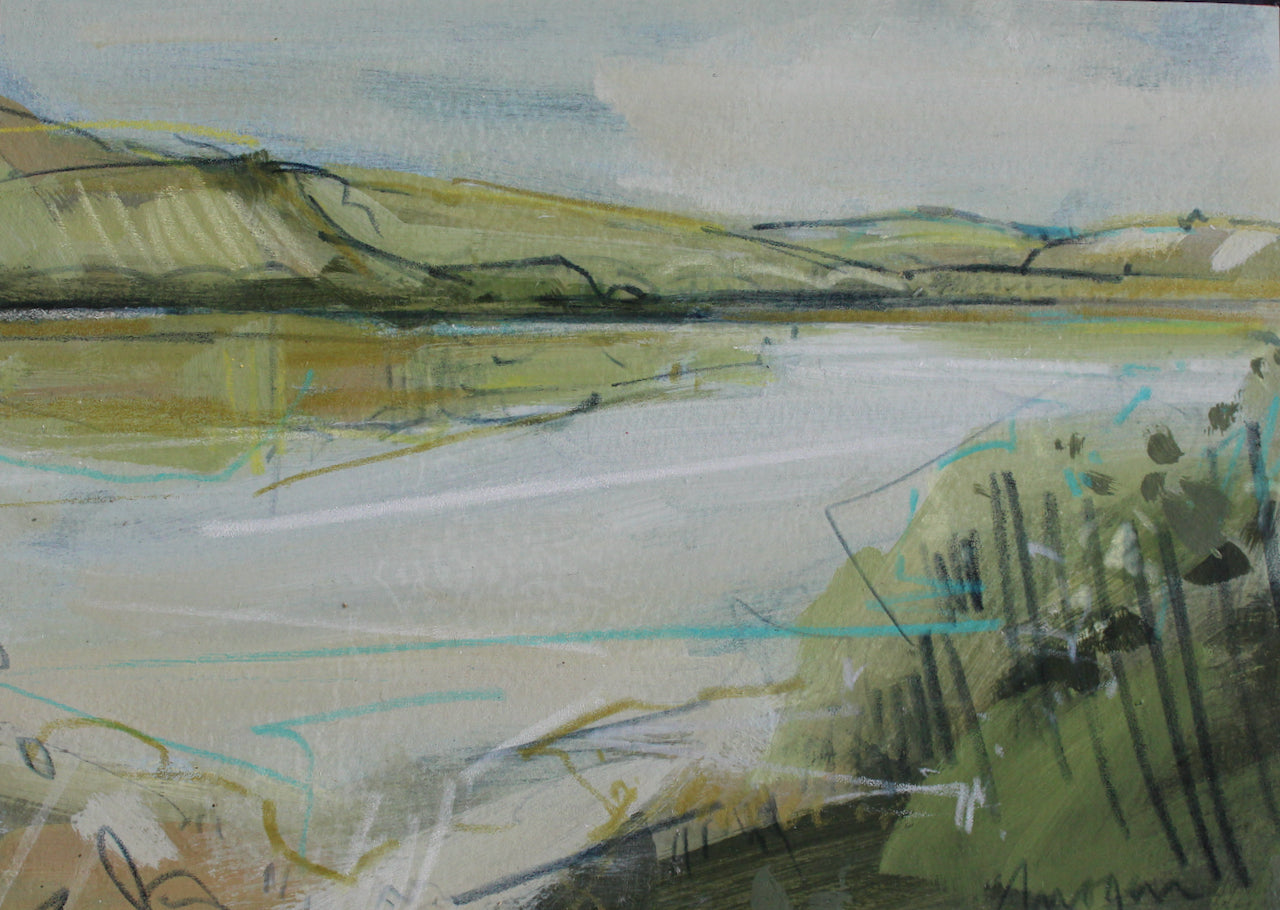 Imogen Bone small landscape green hills, pale blue river and landscape in foreground