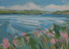 Imogen Bone small landscape of river with green hills, pale blue river and pink flowers on the riverbank