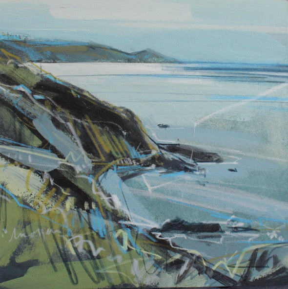 small seascape of Rame Head in Cornwall by Imogen Bone, the cliffs are green, ochre and black and the sea is pale blue with hints of white and turquoise 