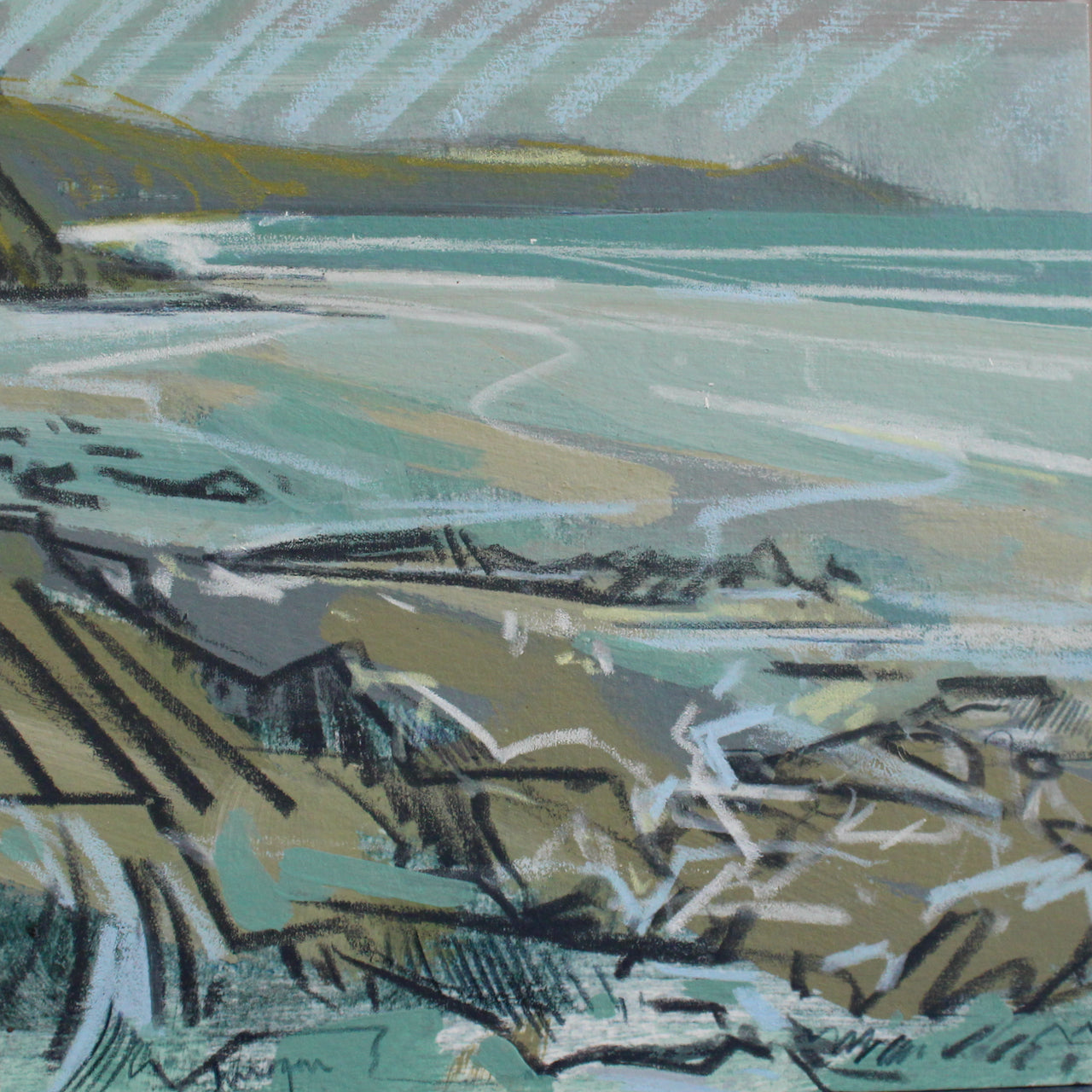 small seascape by Imogen Bone, the cliffs are green, ochre and black and the sea is pale blue with hints of white and turquoise